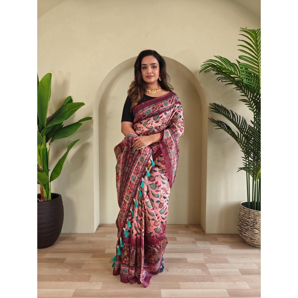 Pure Malai Cotton Saree with Big Border Digital Print Concept with Elegant Kalamkari Patterns with Contrast  Big Pallu with Tassels Attached