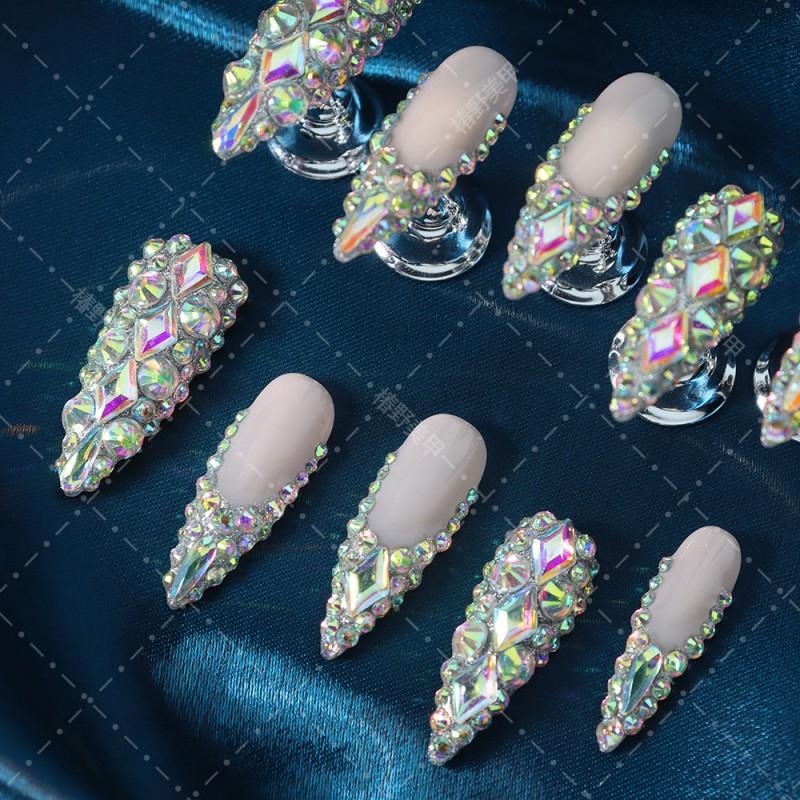 Reusable Press-On Nails With Full Rhinestone Embellishment French Tip Design Acrylic Wearable Manicure Women