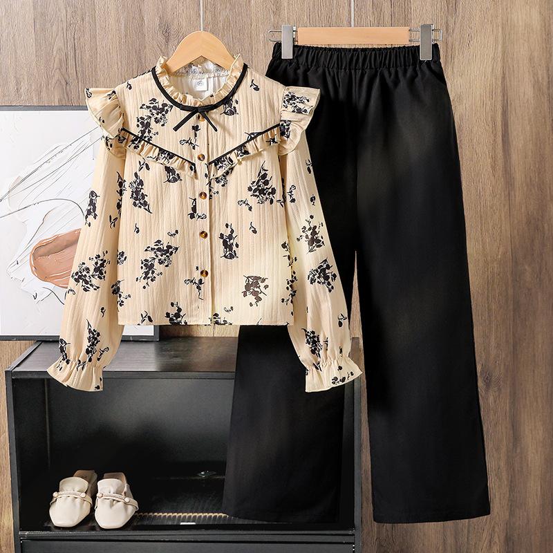 Girls' Outfit Children's Clothing Autumn New Fashion Lace Print Long Sleeve Shirt Wide Leg Pants Two-Piece Set