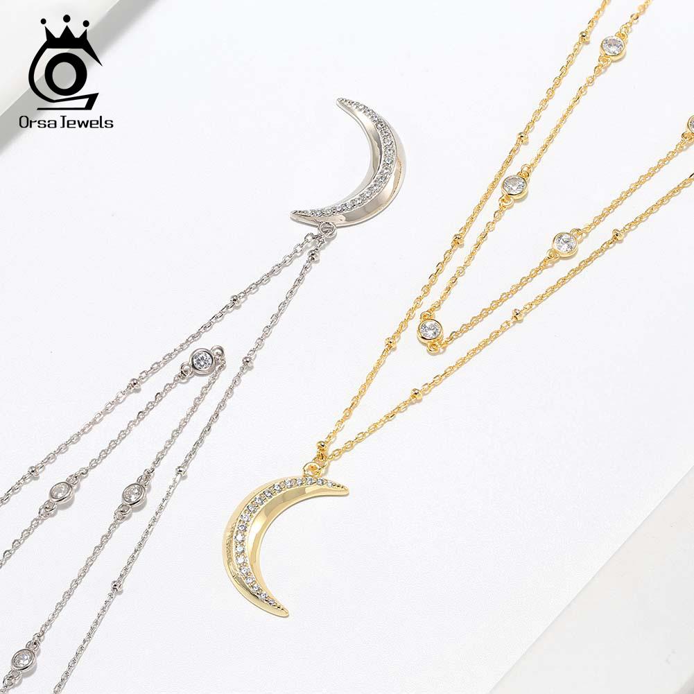 ORSA JEWELS Double Stacked Clavicle Choker Necklace 925 Sterling Silver Moon Pendant Necklace for Women Party Jewelry Gift BQN12