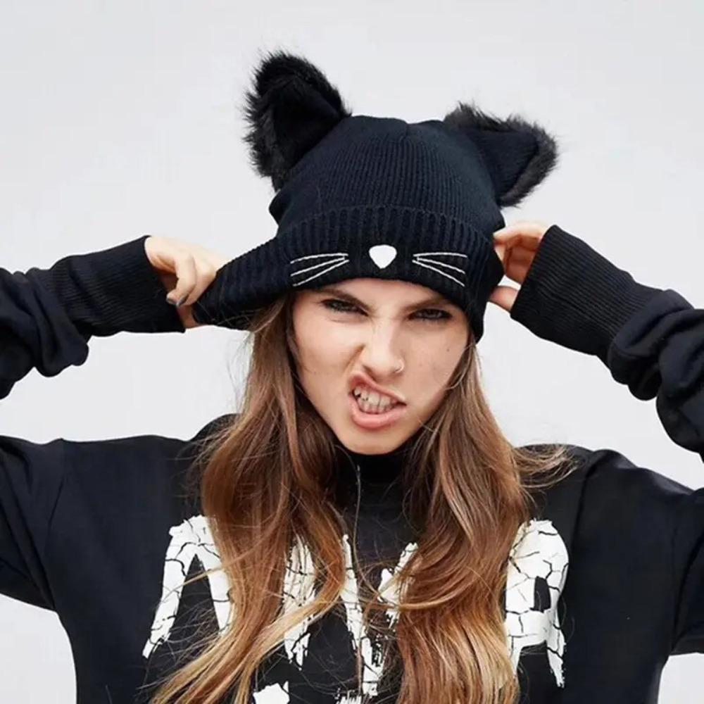 Embroidery Cat Ear Beanie Faux Fur Skull Cap Streetwear Winter Hat  Autumn Winter
