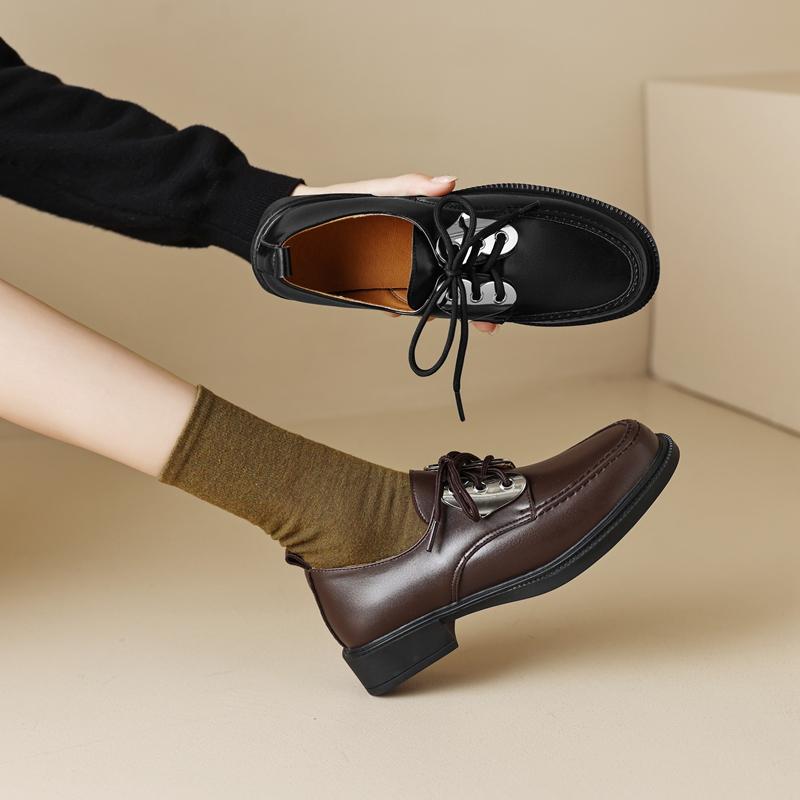 Fashion Women's New Spring and Autumn Round Head Thick Bottom Metal Lace Middle Heel Large Oxford Work Retro Single Shoe