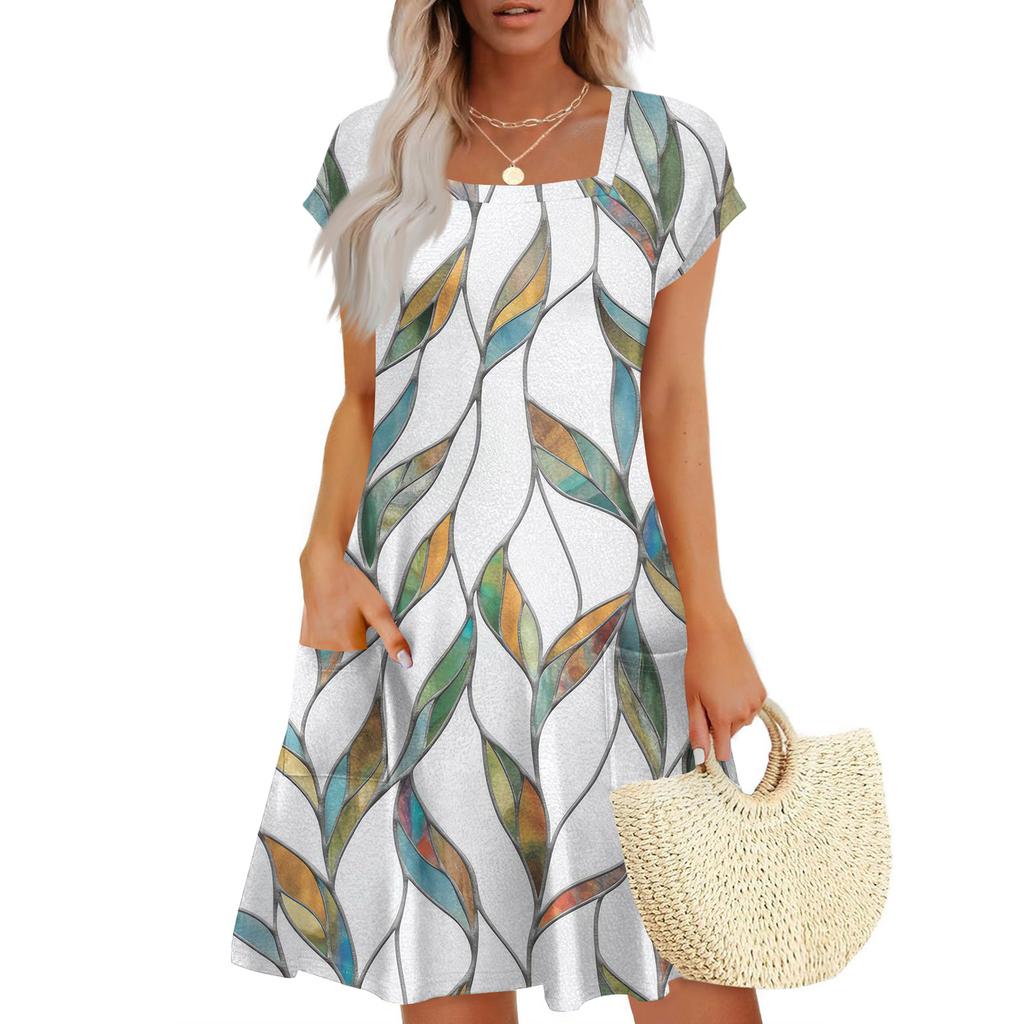 Summer Dresses For Women Loose Square Neck Cap Sleeve Casual Beach Vacation Tshirt Dress Sundresses With Pockets