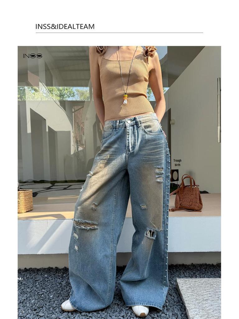 INSS Women's High Waist Loose Wide Leg Jeans with Hole Design - 2026 Spring/Summer Collection #91125