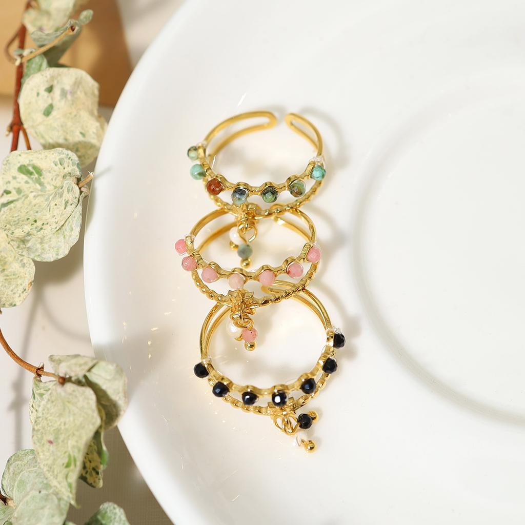 Trendy Stainless Steel Rings for Women Creative Natural Stone Crystal Charms Aesthetic Adjustable Ring Jewelry
