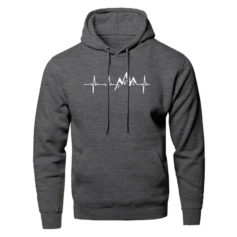 Mountain Heartbeat Hoodies for Men Autumn Long Sleeve Hooded Sweatshirt Casual Printed Fleece Top Sportswear