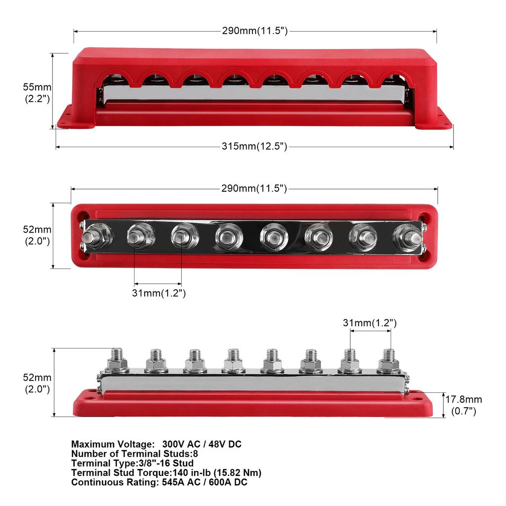 24V 600A M10 8 Post Power Distribution Block With Cover Rated Bus Bar Pair 3/8 Inches For Automotive RVs Trucks Boats Campers