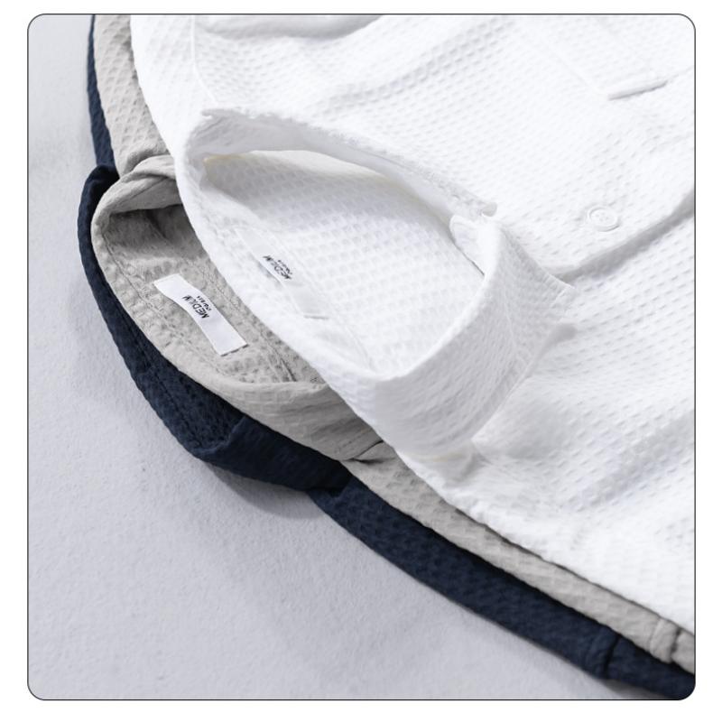 Spring and Summer Solid Color Long Sleeve Men Shirt Pocket Casual Shirt Turn-down Collar Waffle Textured Shirt Simple Style Men Clothing