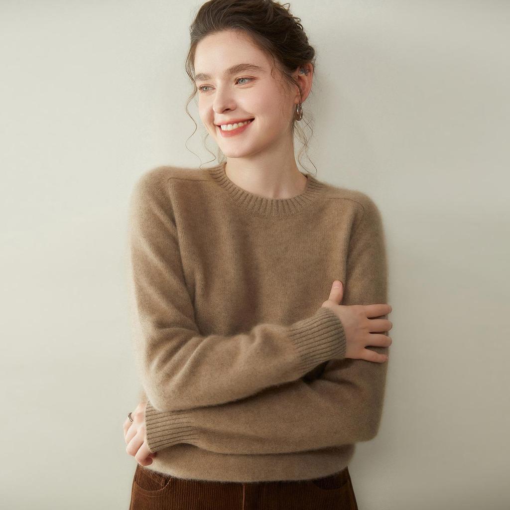 Damen Kaschmir Pullover mit Rundhalsausschnitt - Herbst/Winter Kollektion 2025, Sattelschulter, Verdickt, Uni-Farben, Lockere Passform, Figurschmeichelnde Strick-Basis.