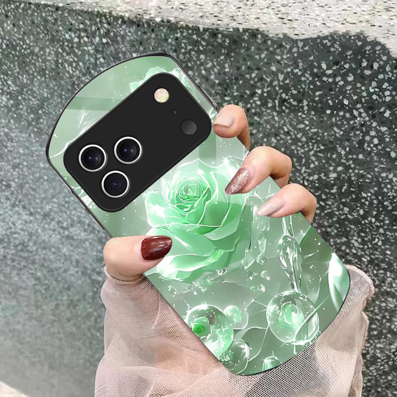 Ice crystal-colored roses For iPhone 17 16 15 14 Pro 13 Plus 12 mini 11 Pro Max XR X S 7 8 Elliptical Tempered Glass Phone Case