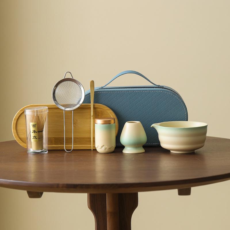 Japanese Matcha Tea Set: Coarse Pottery Bowl, Ceramic Whisk Stand, and Hundred-Bristle Whisk Matcha Color