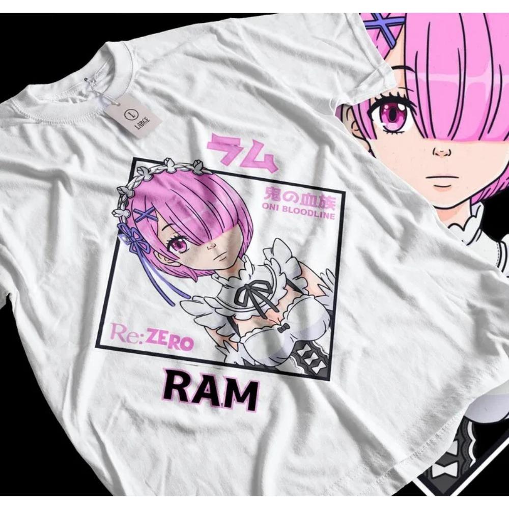 Re:ZERO -Starting Life In Another World- Ram "Oni Bloodline" Maid Outfit Print T-Shirt | Unisex Cotton Casual Short Sleeve Anime Streetwear Top