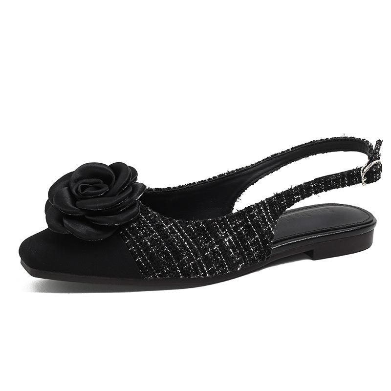 Fashion Rose Flower Flat Sandals Women Black White Mixed Color Slingback Summer Shoes Woman Square Toe Floral Sandalias Mujer Big Size42