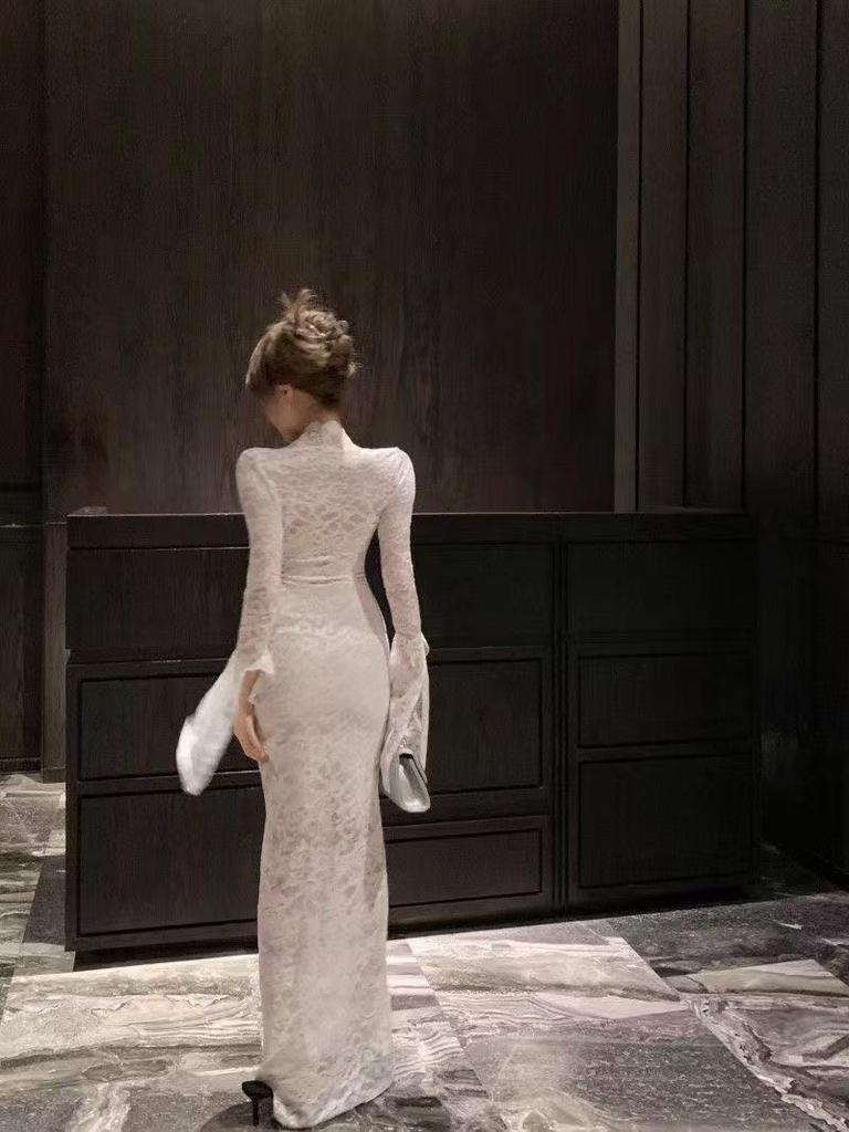 Red Slim Fit Long Sleeve Lace Dress - Spring/Summer Waist-Cinched Evening Gown with French Royal Elegance