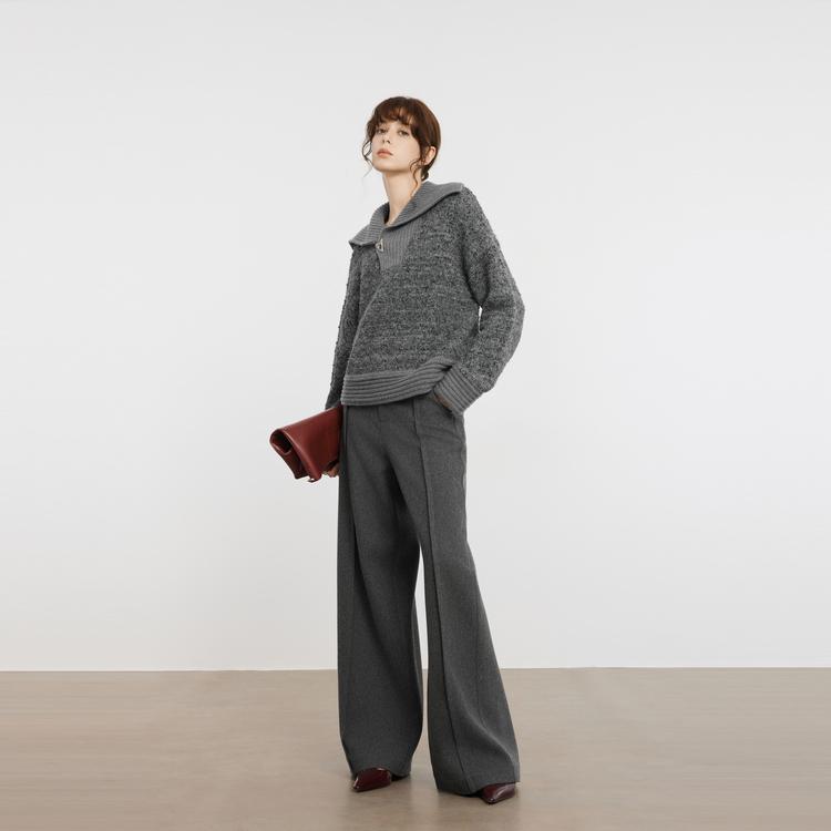 ELLE French Design Solid Color Spliced Wide Leg Casual Pants Women bottoms Dark-Gray EK49768