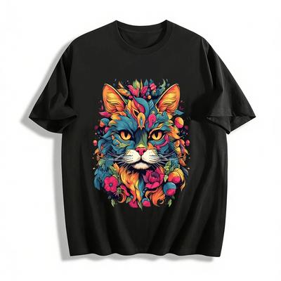 Bohemian Floral Cat Graphic Print Casual Tee Pure Cotton T-shirt