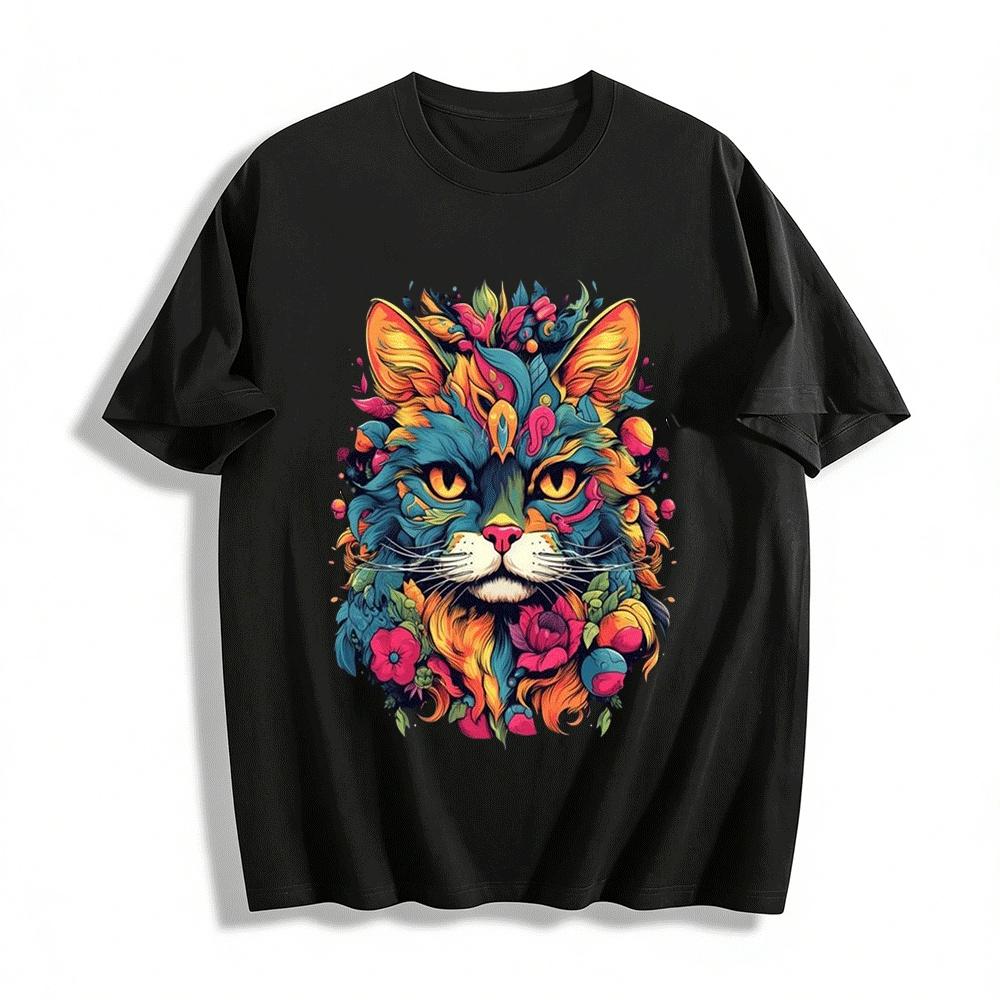 Bohemian Floral Cat Graphic Print Casual Tee Pure cotton T-shirt XXS