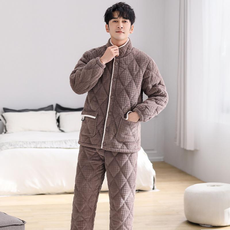 Coral Fleece Pajamas Men'S Autumn And Winter Thickened Fleece Three-Layer Padded Suit Winter Flannel Thermal Loungewear
