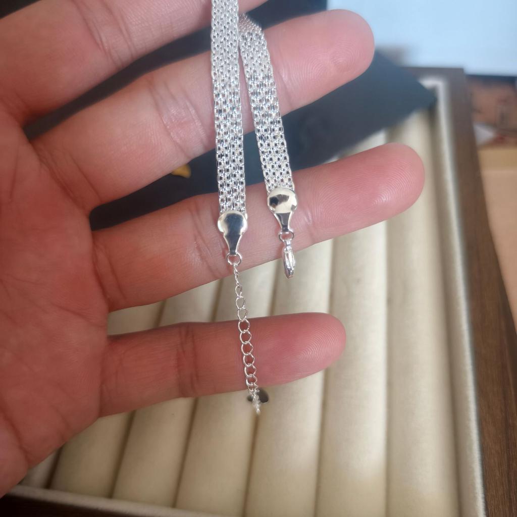 Silver Plated Embossed Grid Flat Watch Chain Bracelet Women's Fashion Accessories