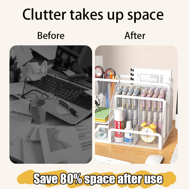 Mesh Pen Holder and Organizer Office Supplies with 7 Compartments, Desktop Organizer with Drawer, Metal Pen Holder for Desk