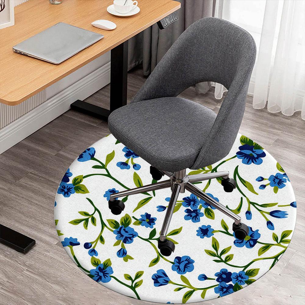 1pc Floral Pattern Blue Flowers Round Chair mat office Area Rug - Non-Slip, Floor Mat for Office, Bedroom, Ideal home decor gift p0105081
