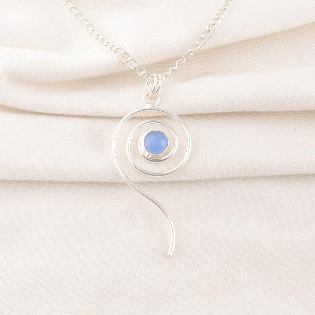 Dark Blue Cat's Eye Gemstone Pendant, 925 Solid Sterling Silver Jewelry, Handmade Designer Pendant Gift For Sister