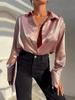 Women 2022 Elegant Satin Solid Long Sleeve Blouses Female Chic Vintage Blue Green Casual Loose Fitting Buttons Down Shirts Tops