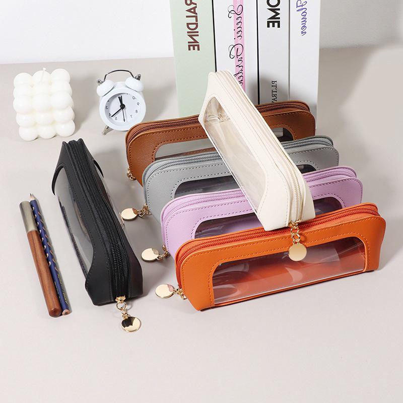 Transparent PU Leather Pencil Case with Window - 3D Stationery & Makeup Bag, Portable Storage Box