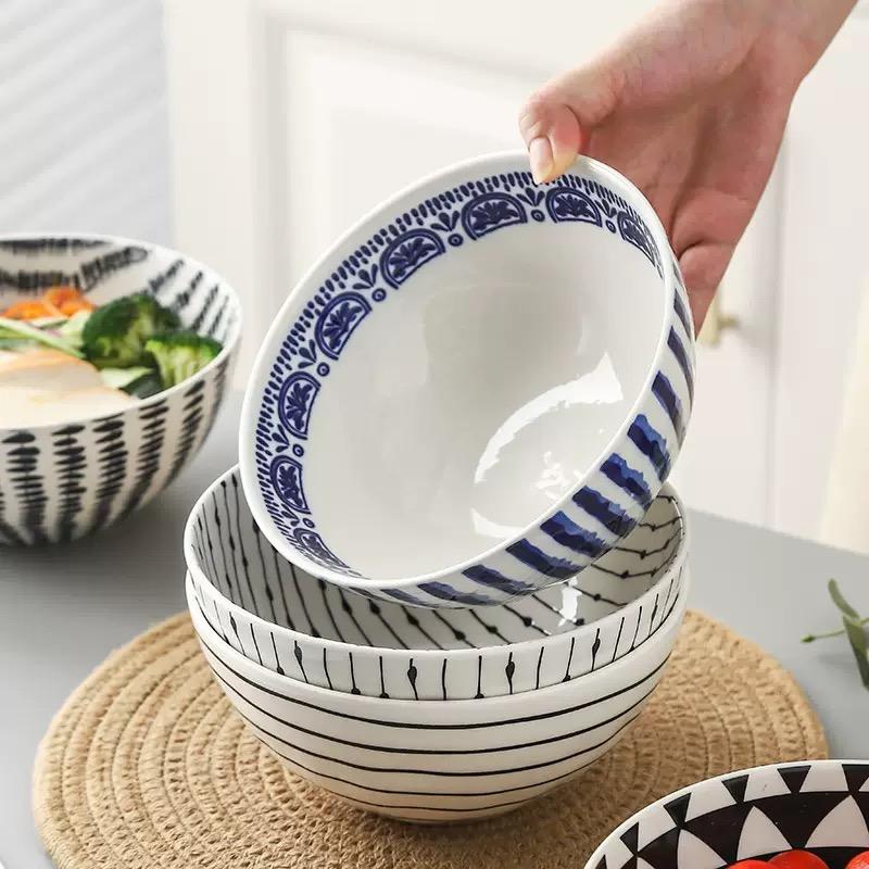 Geometric Lines Ceramic Bowl Noodle Bowl Household Salad Bowl Microwave Oven Creative Kitchen Tableware
