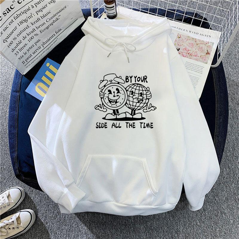 Autumn Winter Velvett for Women Funny Pattern Print Sweatshirt Long Sleeve Oversize Pullover Tops S белый