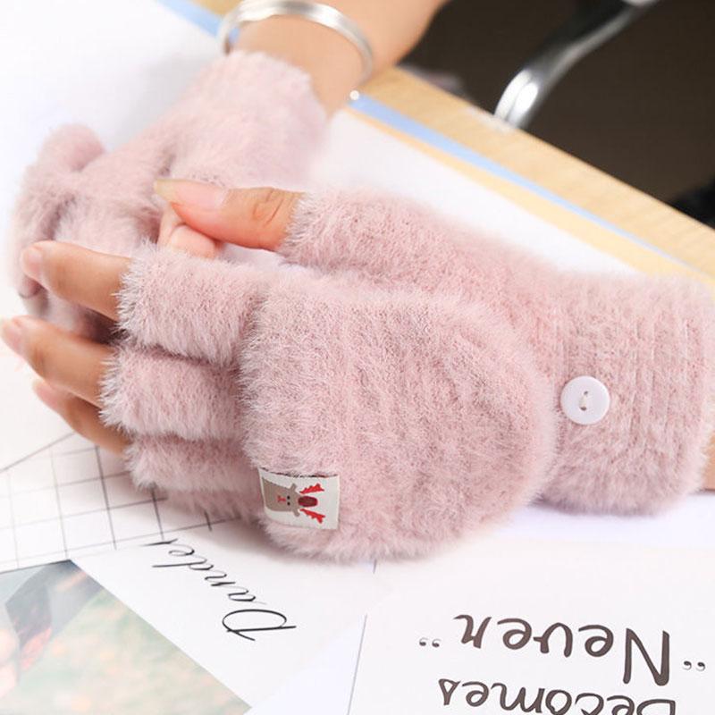 Soft Thick Imitation Mink Velvet Solid Color Gloves Christmas Winter Warm Women Half-finger Gloves Comfortable Flip-top Gloves