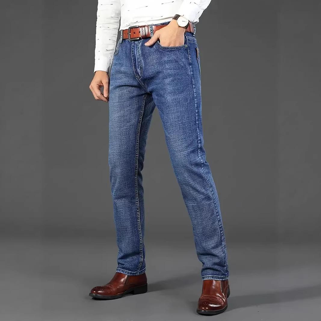 European and American plus-size men s jeans, stretch business trendy brand casual straight-leg men s long pants XL джинсовый синий