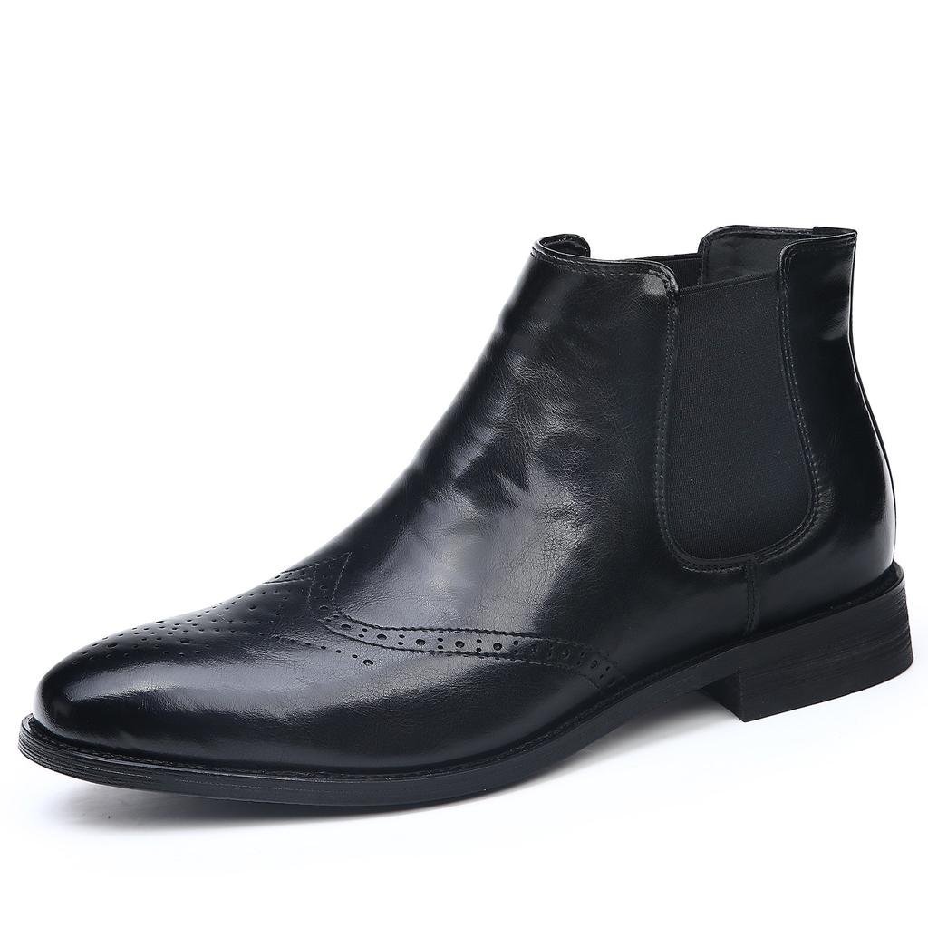 British Brock Carved Leather Chelsea Boots Men's Trend Business Dress High Top Leather Boots Men's Martin Boots