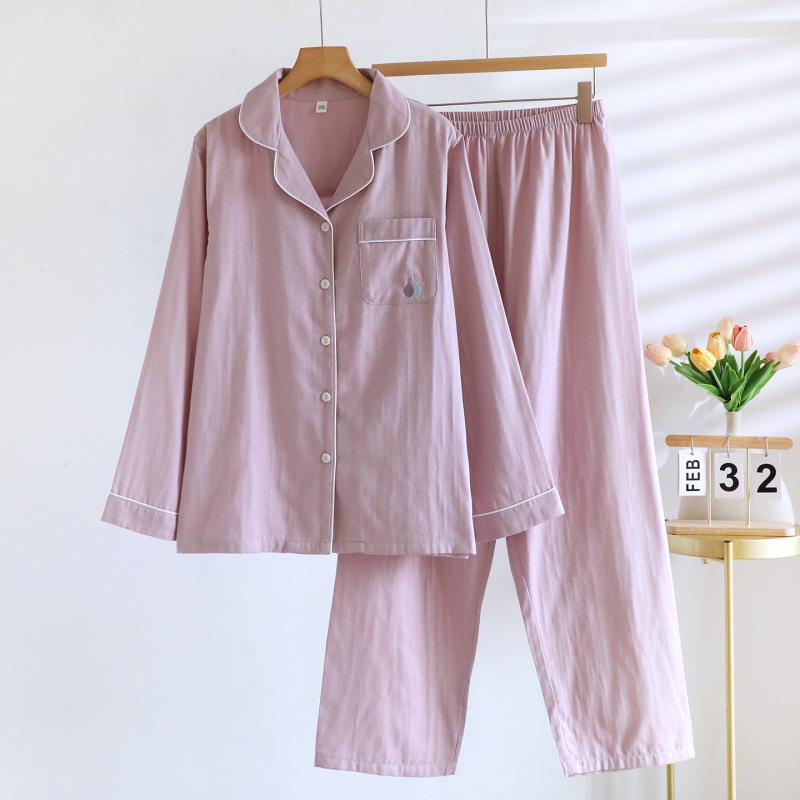 Women's Pure Cotton Gauze Pajamas - Long Sleeve, Double Layer, Thin, Casual Cardigan, Solid Color, Spring & Autumn Home Wear