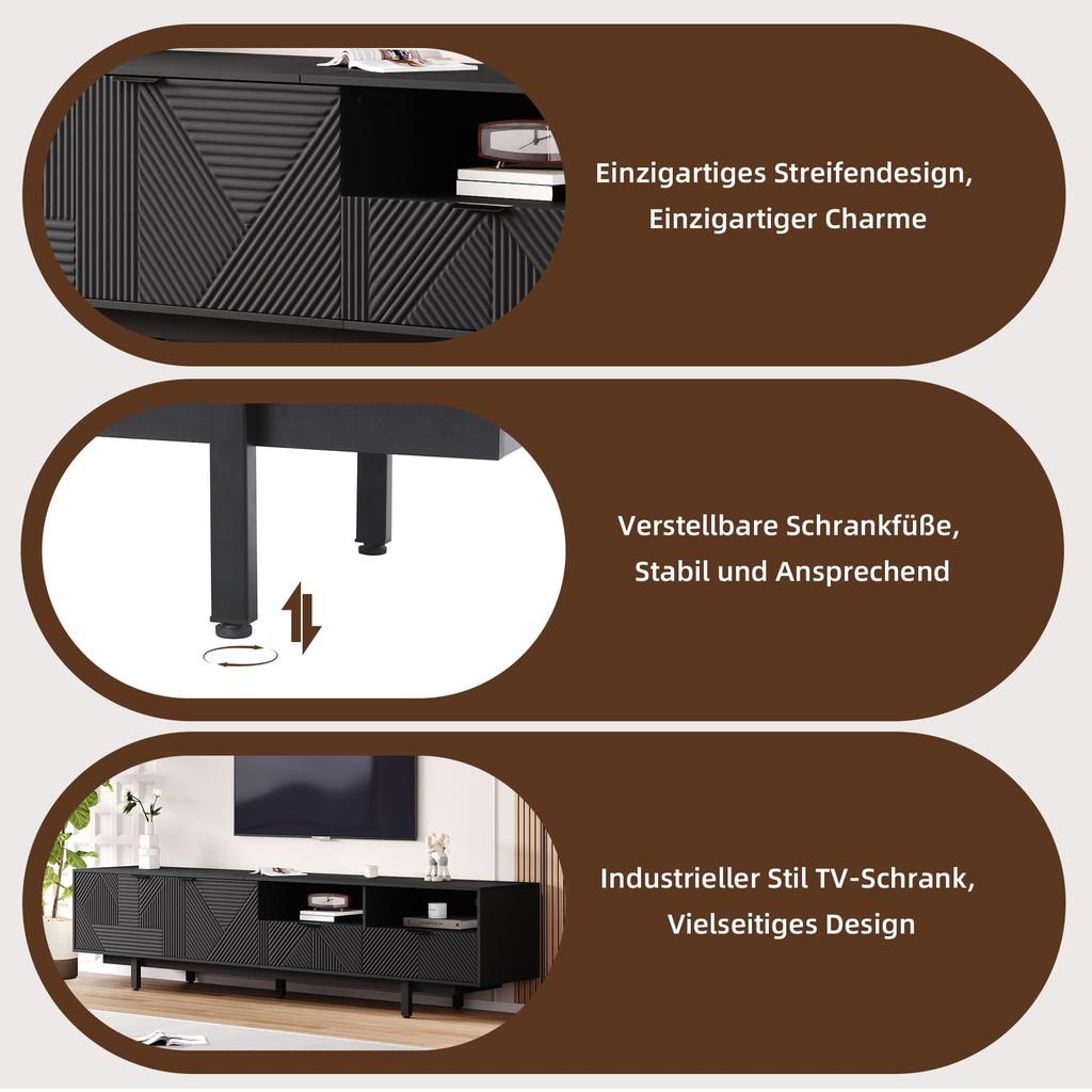TV Schrank, 2 Fächern 2 Schublade Offenes Fach, Modern Lowboard 90 Zoll TV, böhmischer TV Board Sideboard Wohnzimmer & Esszimmer, Schwarz