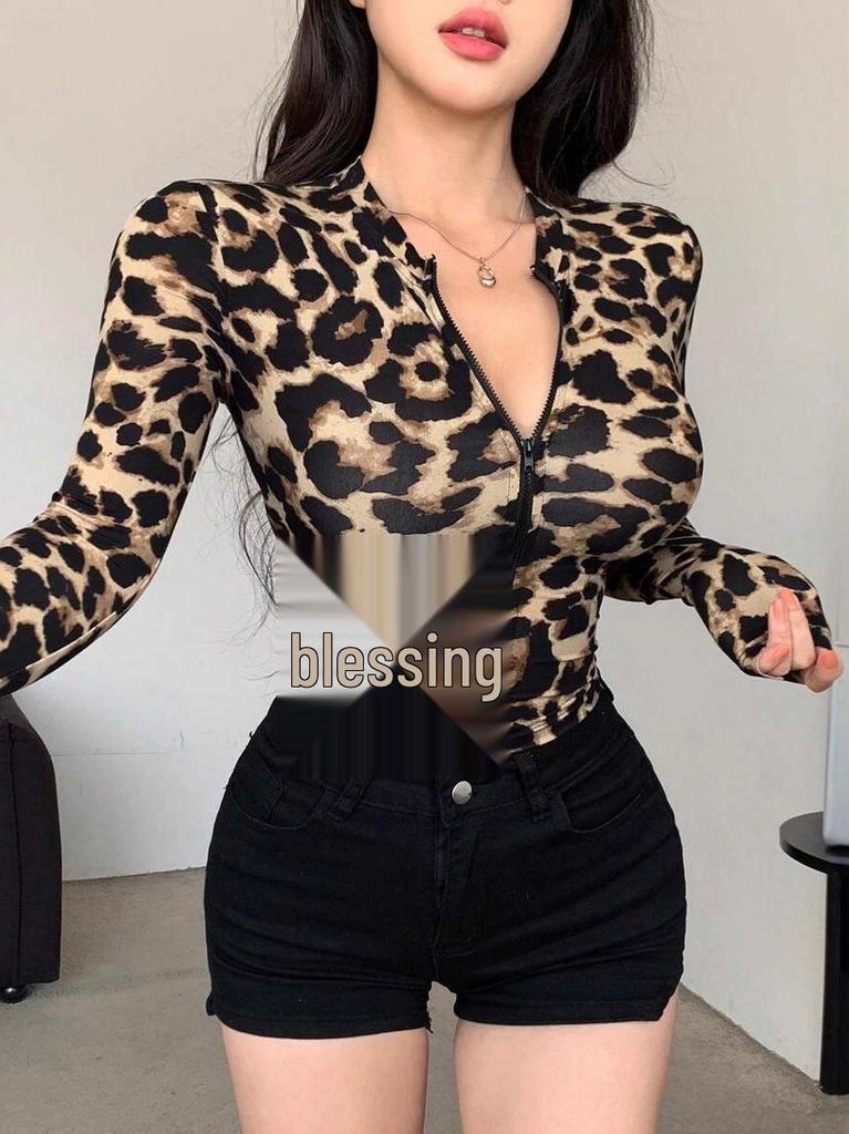 2025 Autumn Women's Leopard Print Zipper Cardigan