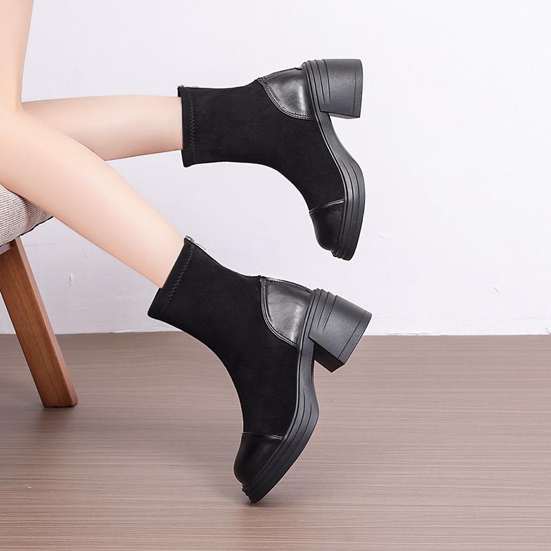 Winter Short Plush Inside Women Ankle Boots Platform Thick Heels Shoes Fashion Banquet Party Stretch Slim Short Botas Mujer