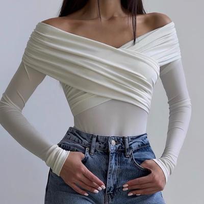 Fashion Long Sleeve Slim Fit Sexy Off Shoulder T-shirts Women Cross Pleated Slash Neck Ladies Tee Shirt Elegant Solid Casual Woman Tshirts Tops 25526