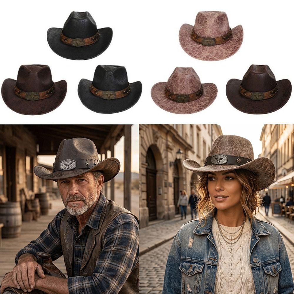 Faux Leather Cowgirl Hat Studded Bullhead Jazz Hat Trendy Sombrero Hat For Men Women