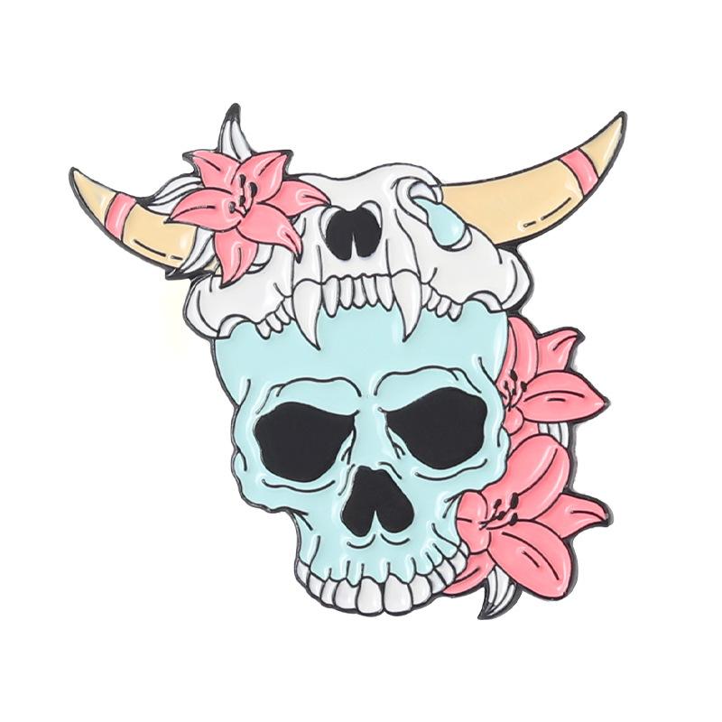Gold Striking Plated Punk Skull Brooch Featuring Beautiful Rose Design For Distinctive Fashion Appeal