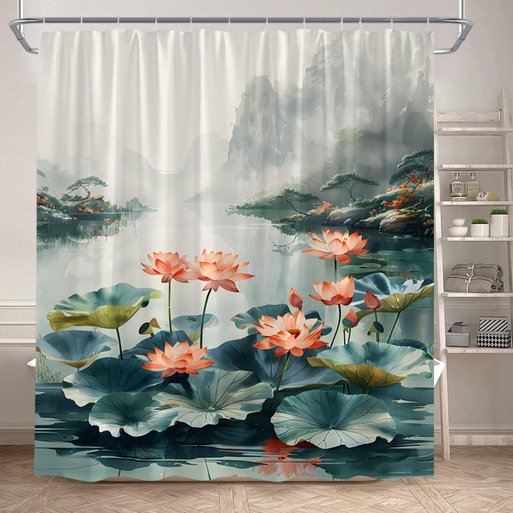 Lotus Shower Curtains White Floral Green Leaves Plant Chinese Style Art Bath Curtain Polyester Bathroom Bathtub Decor With Hooks
