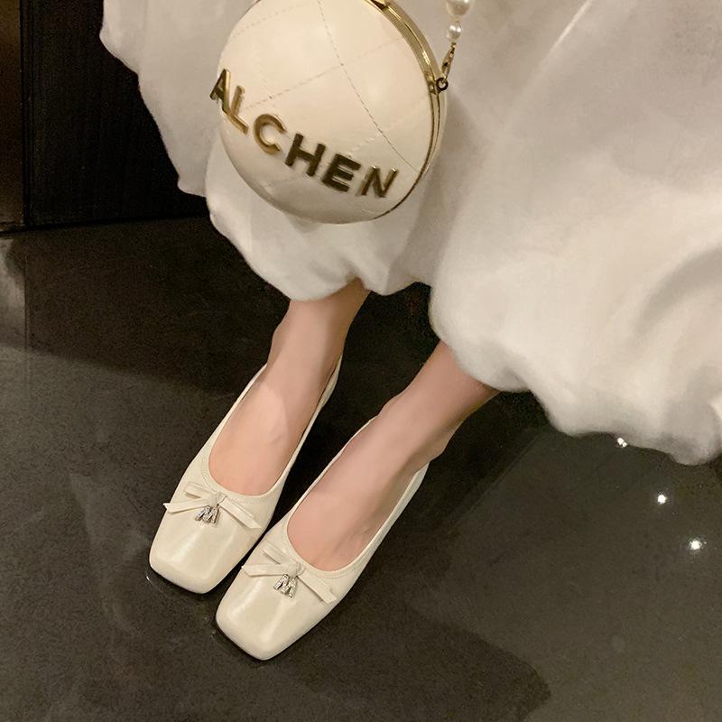 Low-heeled 1.5CM French Bow Shallow Mouth Single Shoe New Genuine Leather Loafers Casual Scoop Shoes With Bow Girl's Shoes 34-39