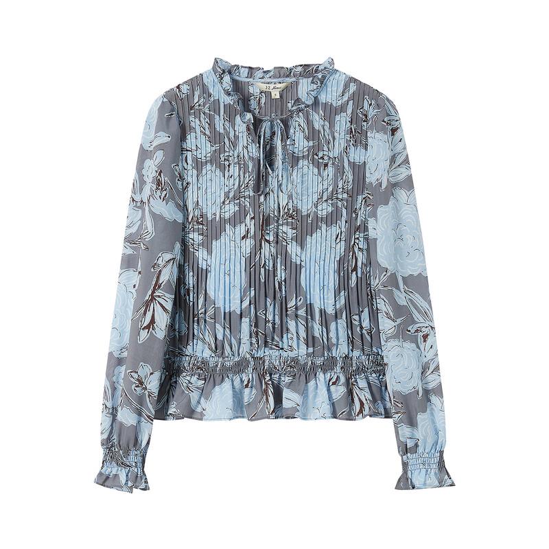 Juzui Women's Elegant Printed Pleated Tie-Neck Top