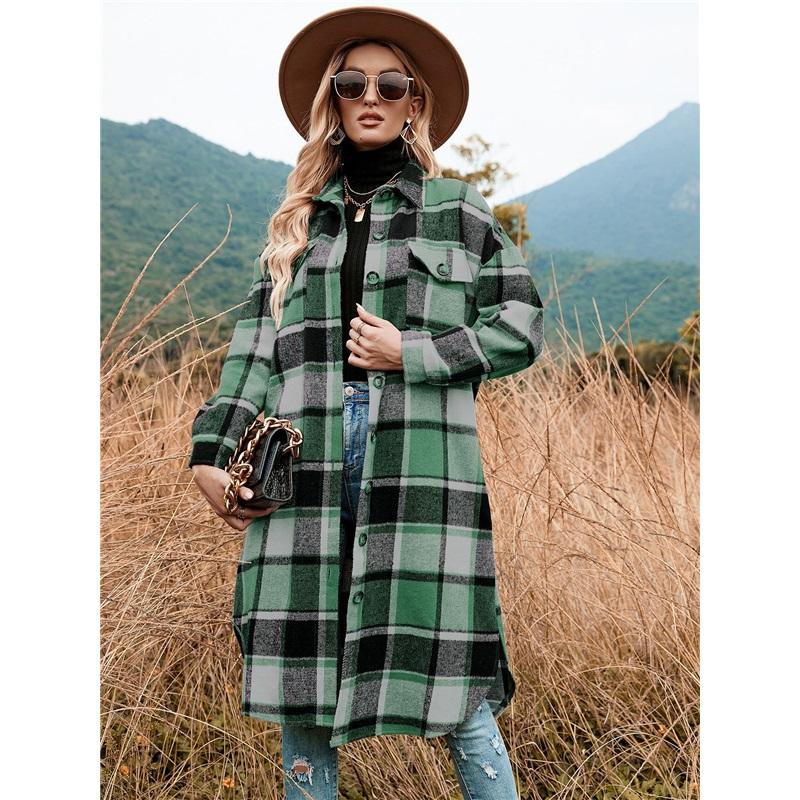 

Temperament Slim-fit Long Windbreaker Lapel Pocket Plaid Woolen Coat L зелений