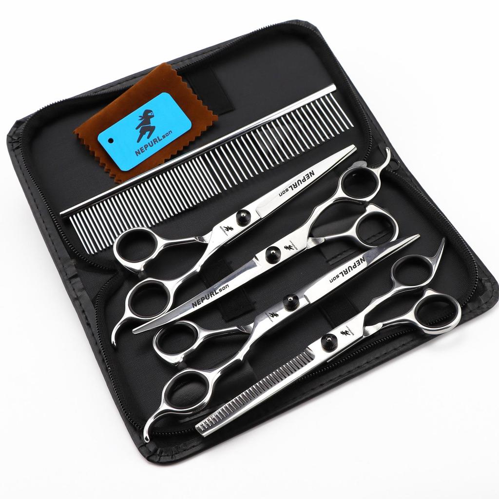 7-inch Napsun Black Pet Grooming Scissors Set: 4 Straight Shears, Fishbone Design, 3pcs 5pcs Options