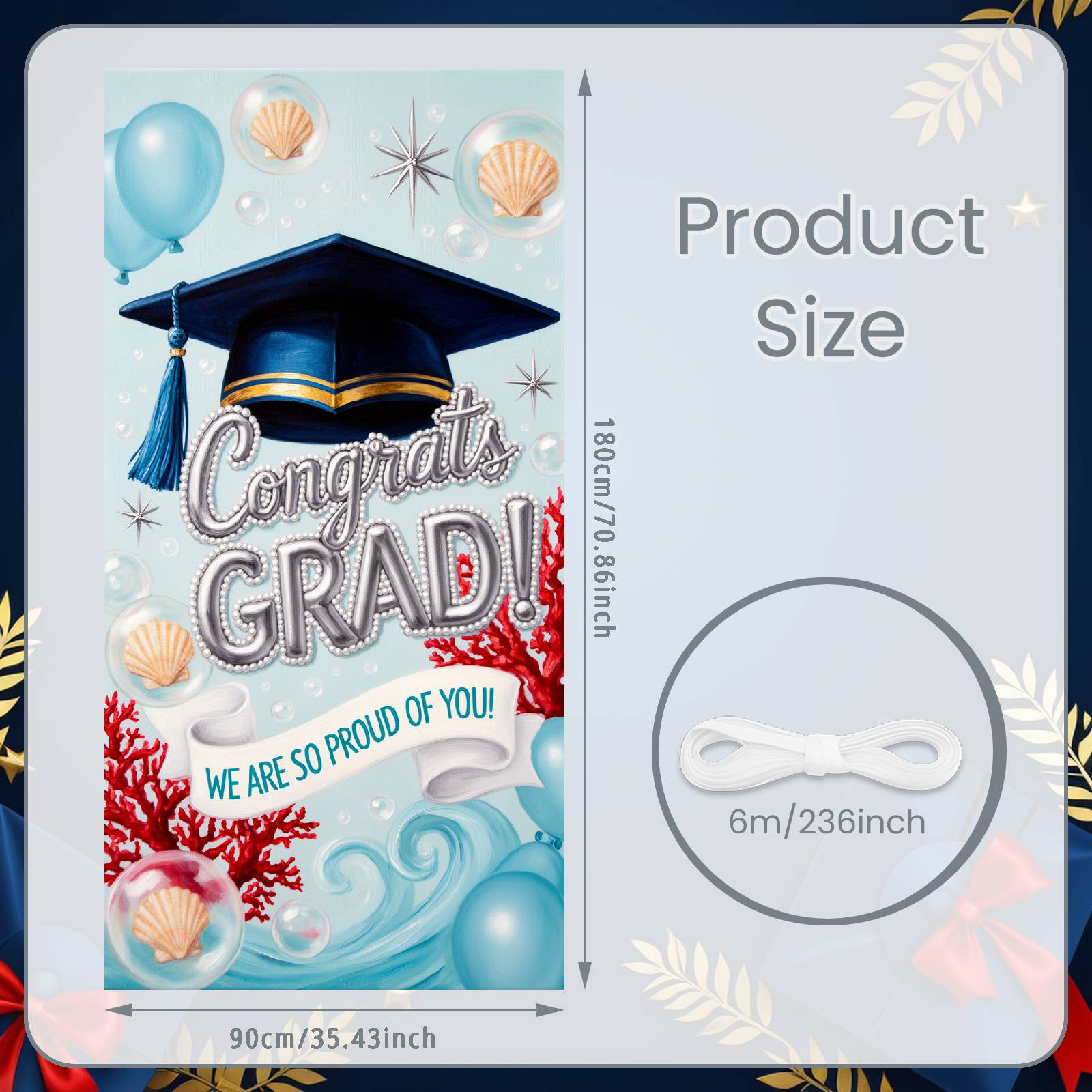 

Graduation Celebration Banner Ocean Wave Pattern Graduation Display Senior Grad Banner Seashell Design Congrats Grad Banner