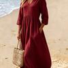 New solid color cotton and linen V-neck seven-quarter sleeve dress women's vacation long dress temperament socialite style
