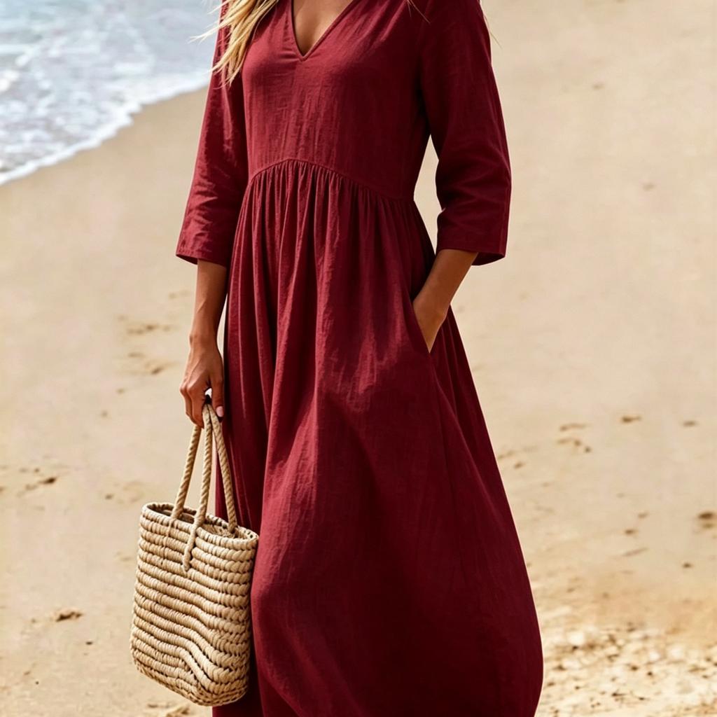 New solid color cotton and linen V-neck seven-quarter sleeve dress women's vacation long dress temperament socialite style