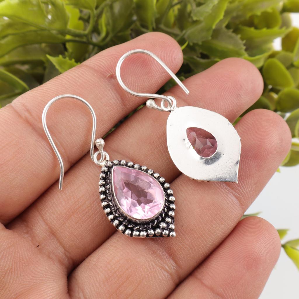 Morganite Earrings, Handmade Gemstone 925 Solid Sterling Silver Earrings Meditation Jewelry, For Engagement Gift