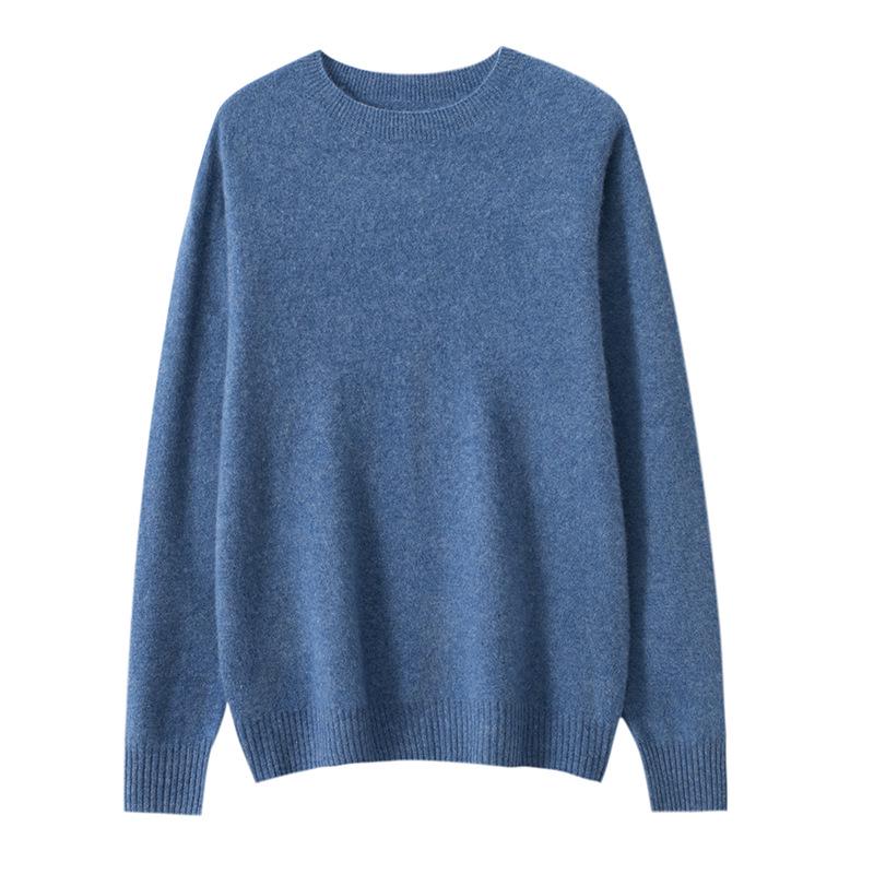 Men's Pure Cashmere Round Neck Sweater: Thick, Loose-Fit, Solid Color Knit for Autumn and Winter.